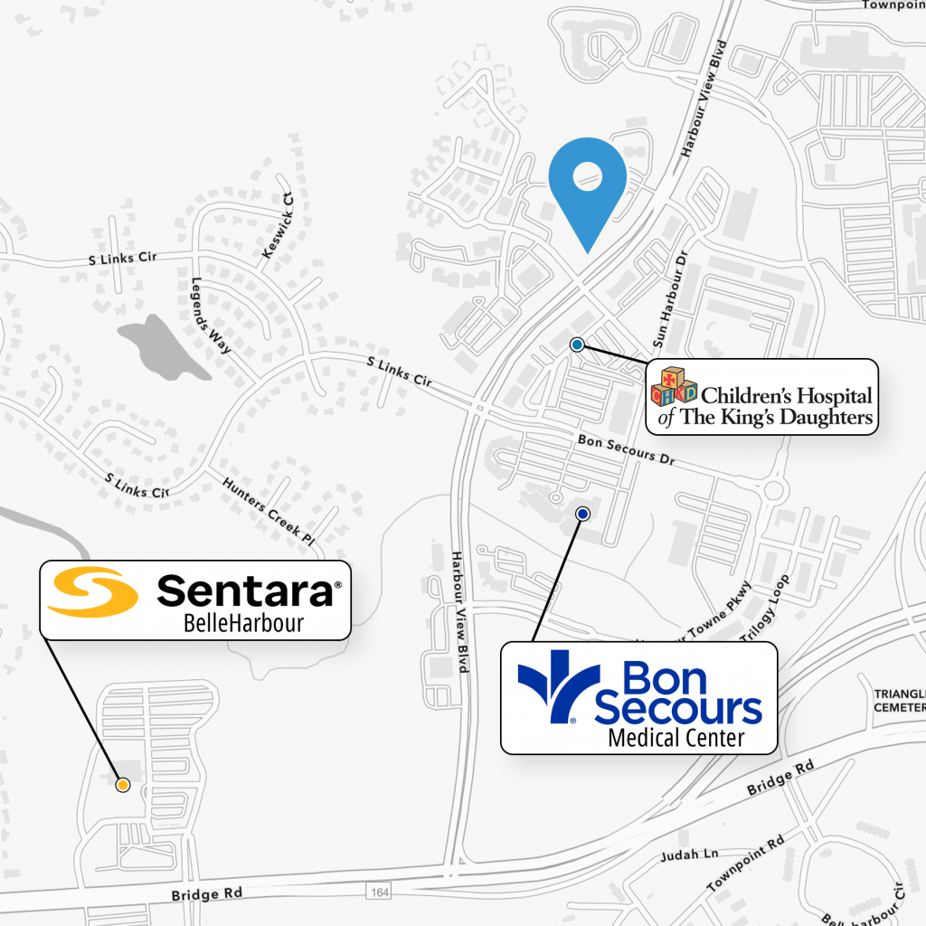 A map showing the relative positions of BECO Medical Center, Children's Hospital of the King's Daughters, Bon Secours Medical Center, and Sentara BelleHarbour Hospital.